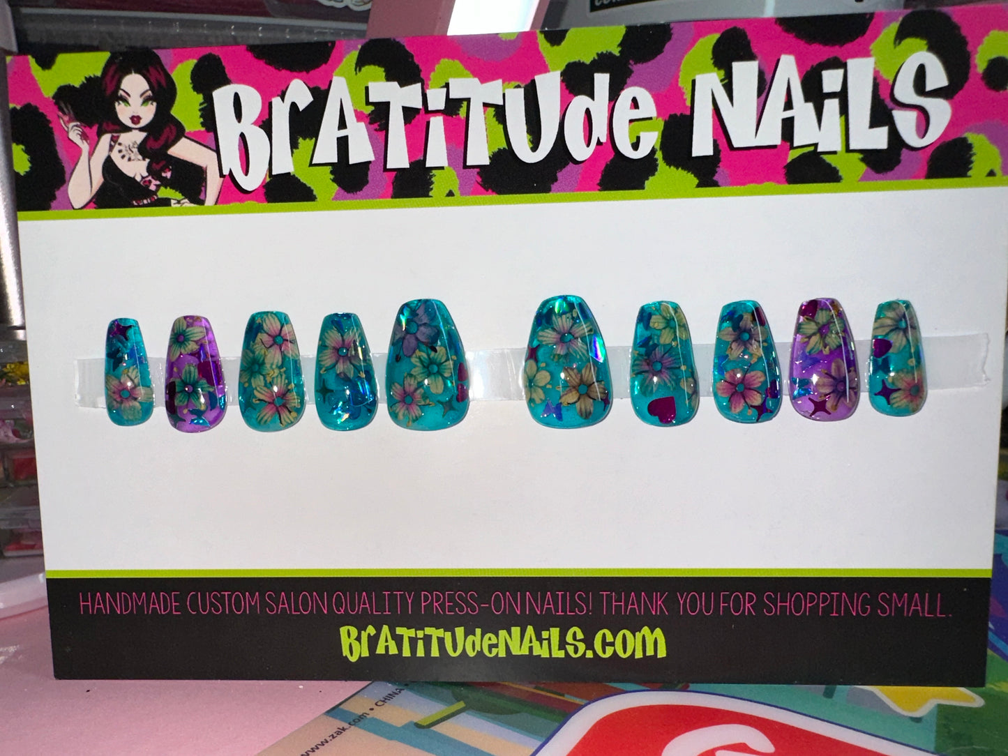 Shiny flowers (real flowers encapsulated in gel with holographic glitter)