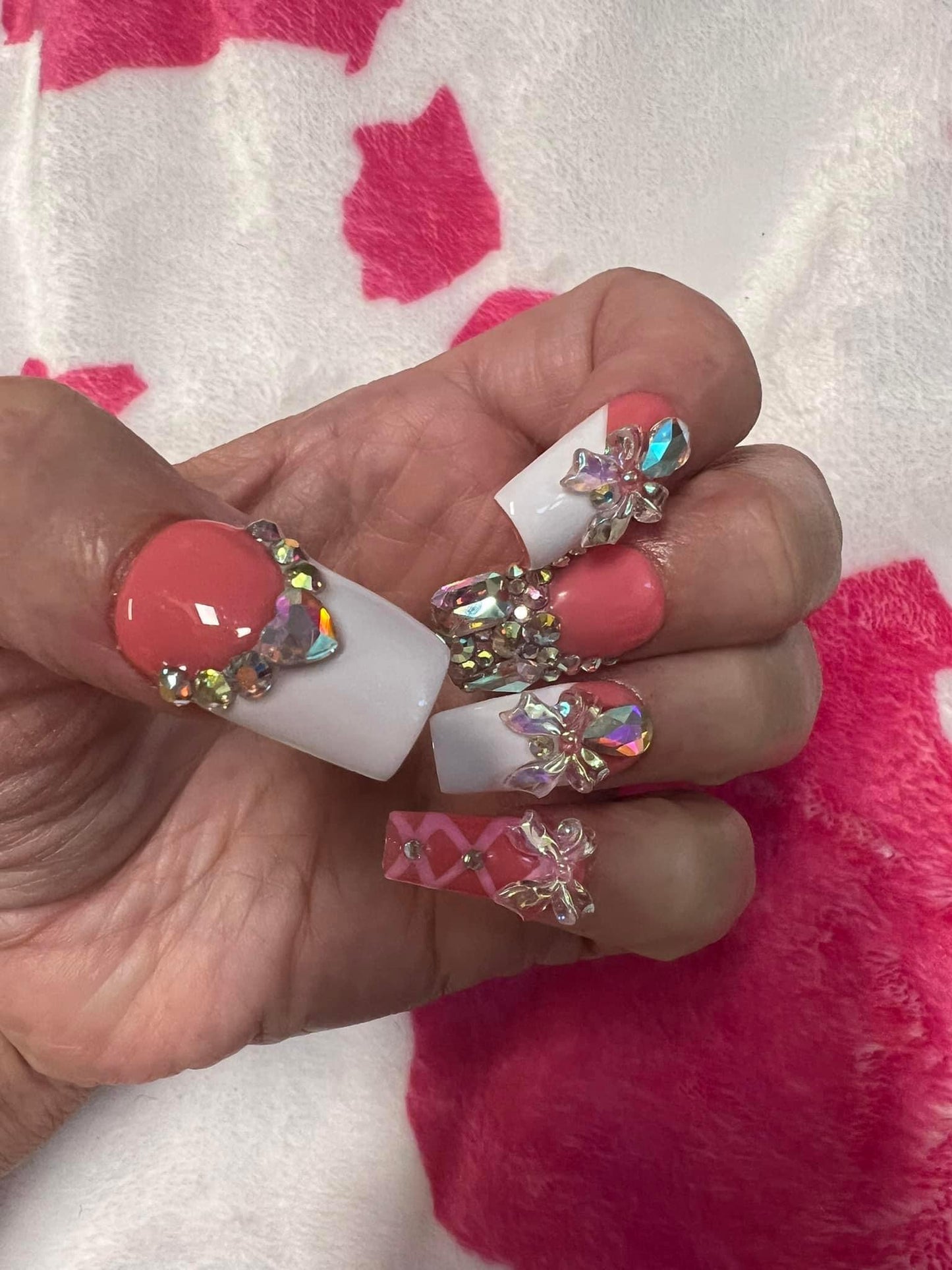 Pink and white bling ballerina nails (Gel)