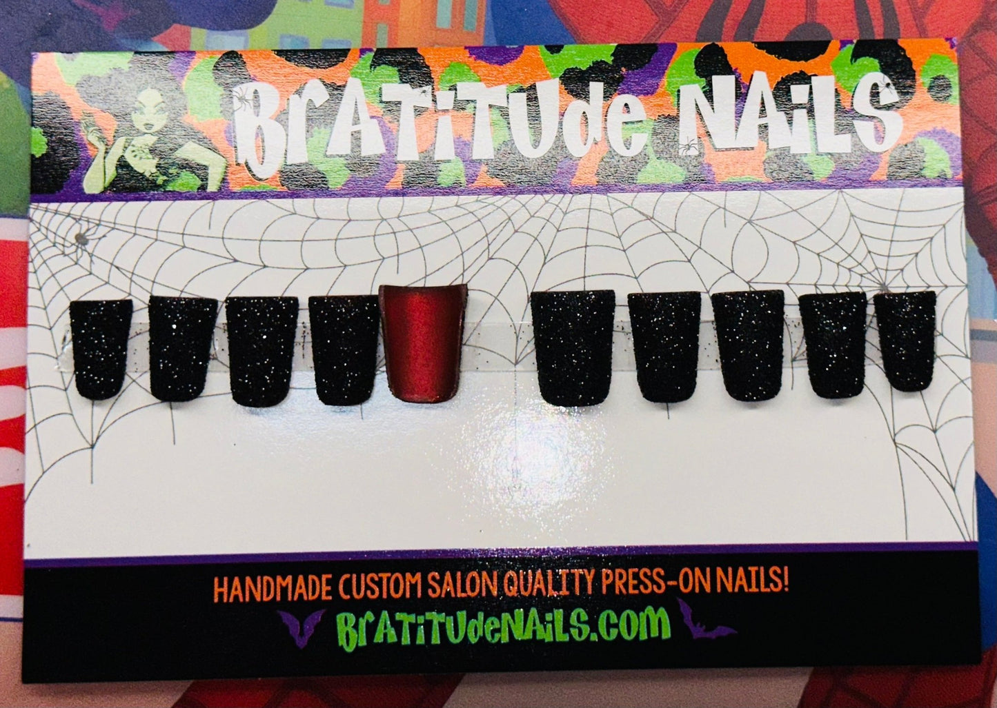 Black glitter nails with red silk underneaths (Gel)