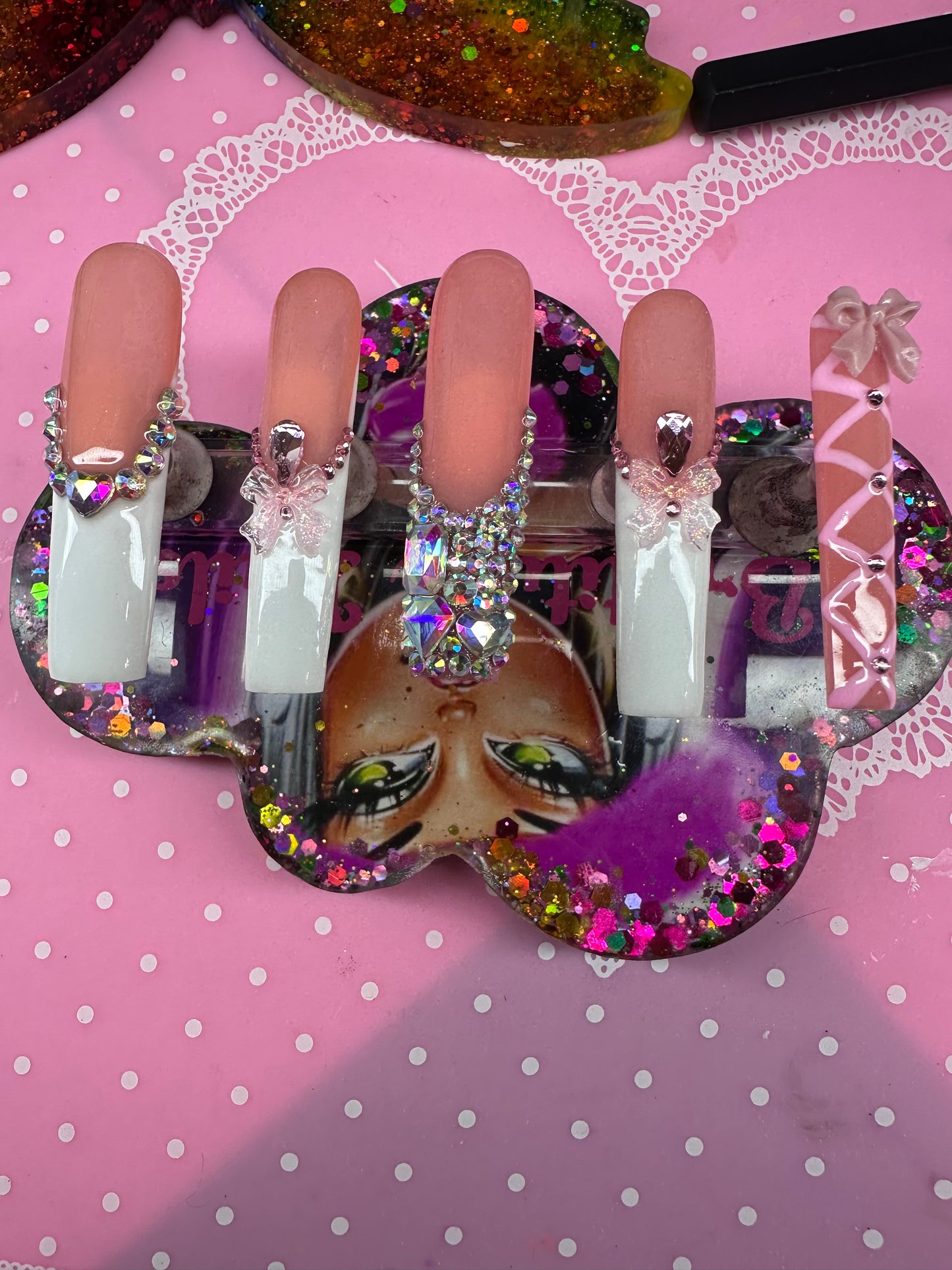 Pink and white bling ballerina nails (Gel)