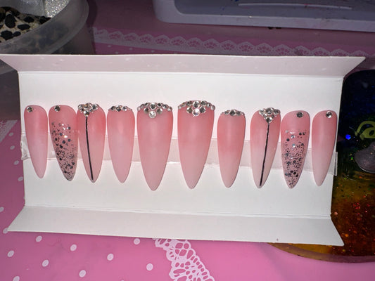 Pink and white frosted ombre glam nails (Gel)