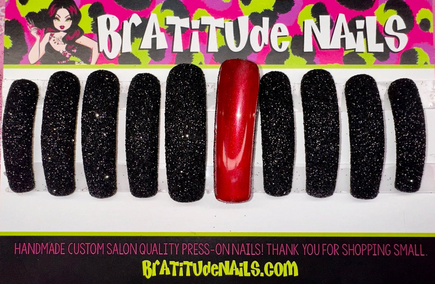 Black glitter nails with red silk underneaths (Gel)