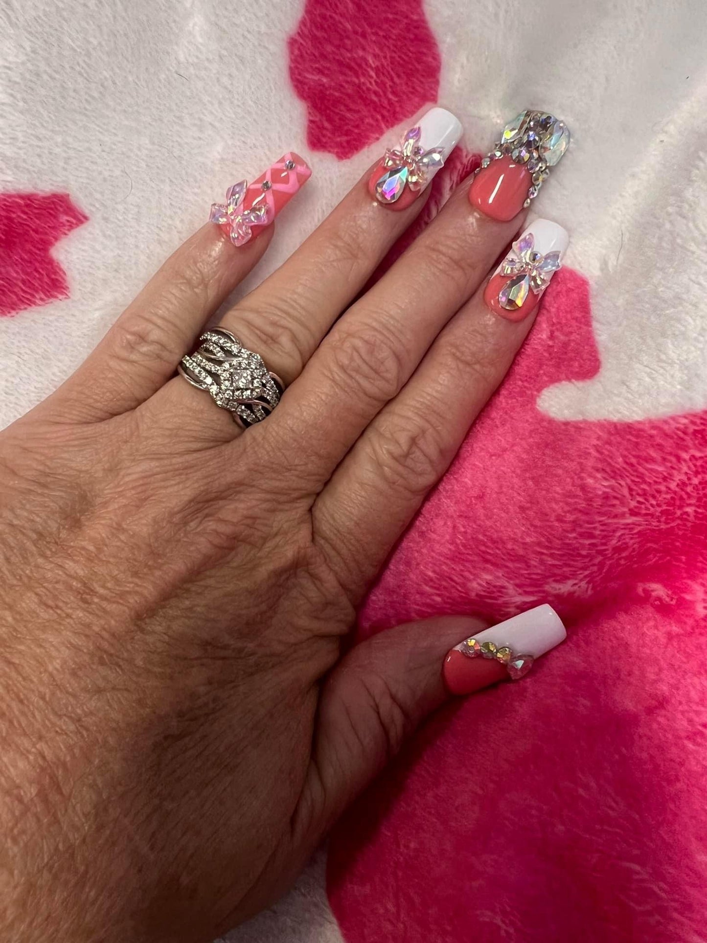 Pink and white bling ballerina nails (Gel)